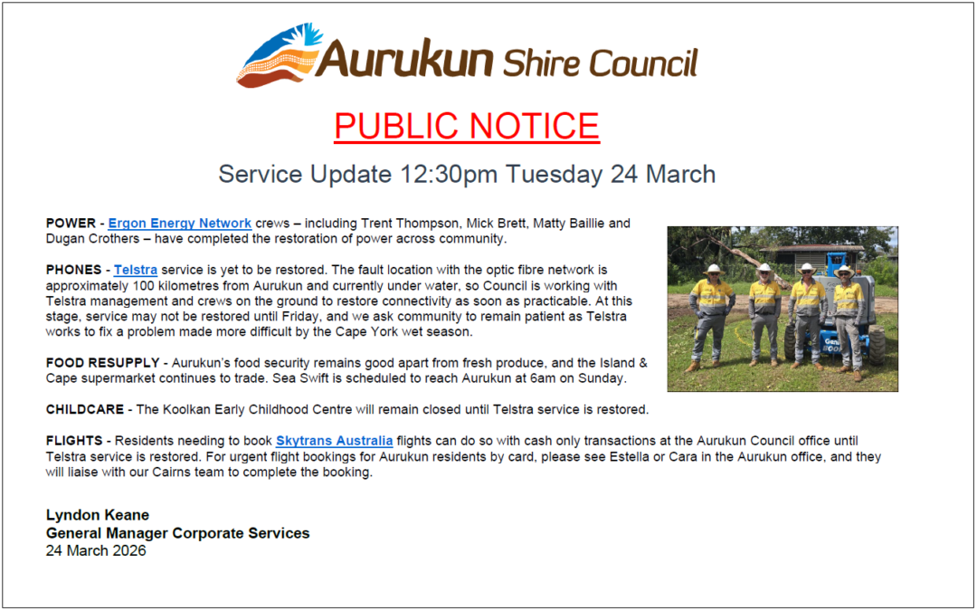 Service Update 12:30pm Tuesday 24 March